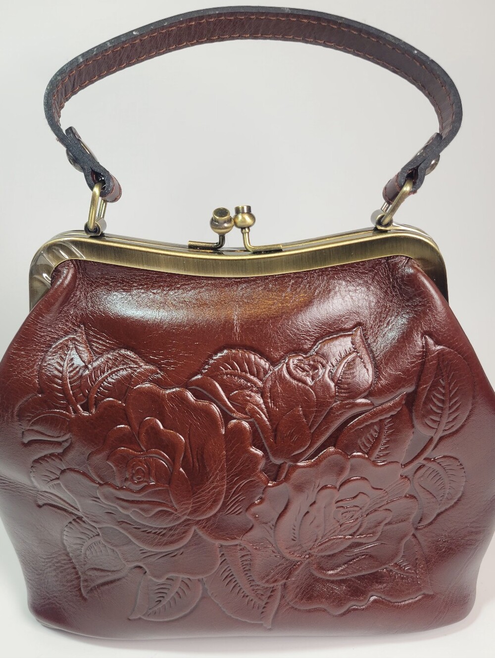 Patricia Nash Laureana Frame Satchel Vintage Rose Tooled Leather Maroon Oxblood